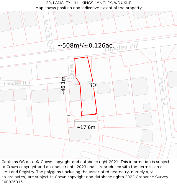 30, LANGLEY HILL, KINGS LANGLEY, WD4 9HE: Plot and title map