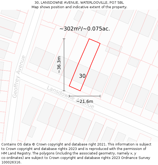 30, LANSDOWNE AVENUE, WATERLOOVILLE, PO7 5BL: Plot and title map