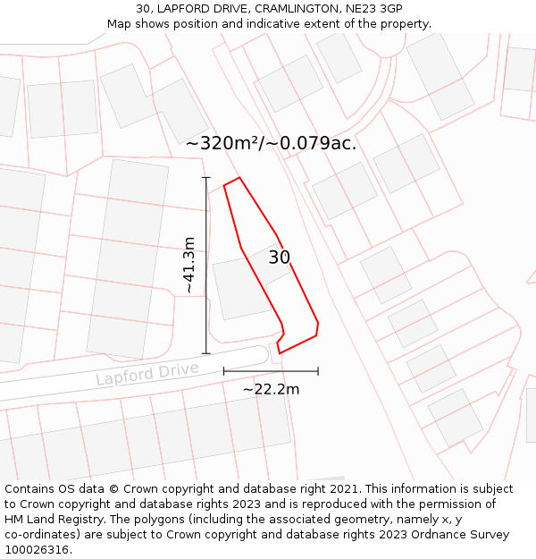 30, LAPFORD DRIVE, CRAMLINGTON, NE23 3GP: Plot and title map