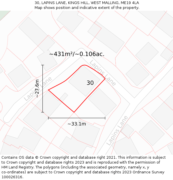 30, LAPINS LANE, KINGS HILL, WEST MALLING, ME19 4LA: Plot and title map