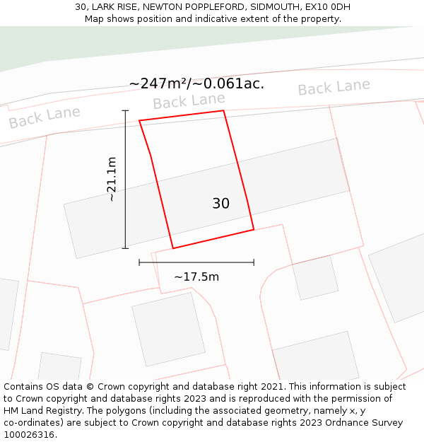 30, LARK RISE, NEWTON POPPLEFORD, SIDMOUTH, EX10 0DH: Plot and title map