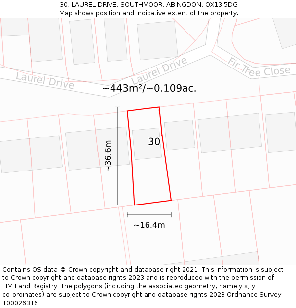 30, LAUREL DRIVE, SOUTHMOOR, ABINGDON, OX13 5DG: Plot and title map