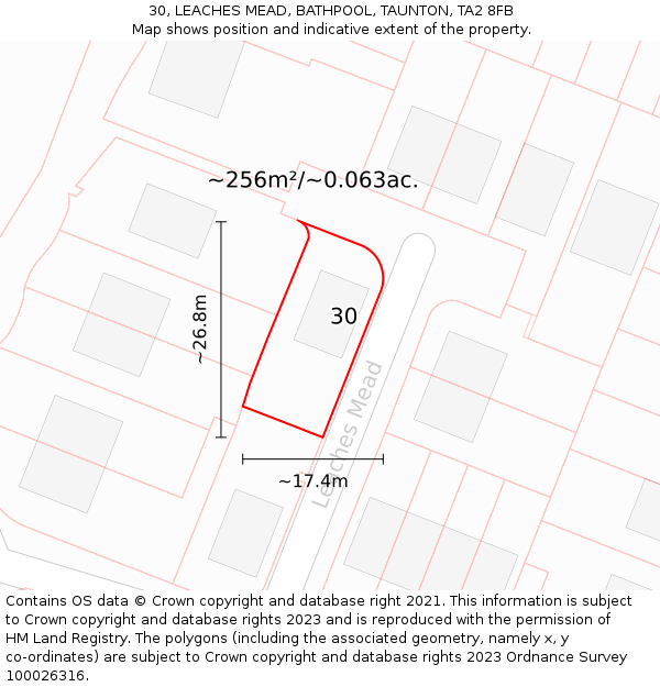 30, LEACHES MEAD, BATHPOOL, TAUNTON, TA2 8FB: Plot and title map