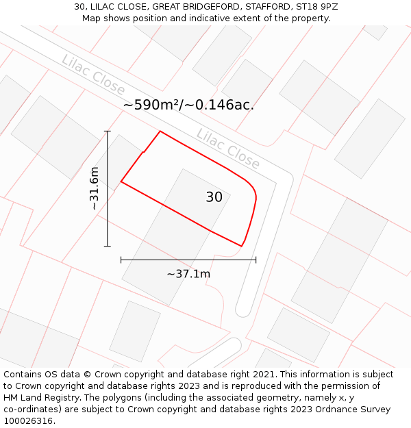 30, LILAC CLOSE, GREAT BRIDGEFORD, STAFFORD, ST18 9PZ: Plot and title map