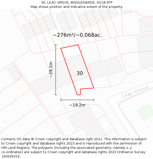 30, LILAC GROVE, BIGGLESWADE, SG18 8TP: Plot and title map