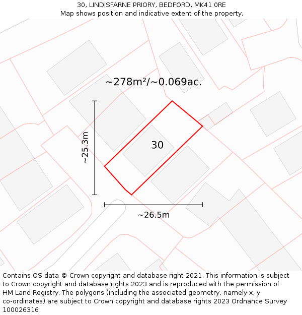 30, LINDISFARNE PRIORY, BEDFORD, MK41 0RE: Plot and title map