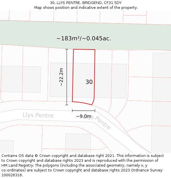 30, LLYS PENTRE, BRIDGEND, CF31 5DY: Plot and title map