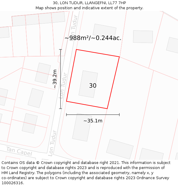 30, LON TUDUR, LLANGEFNI, LL77 7HP: Plot and title map