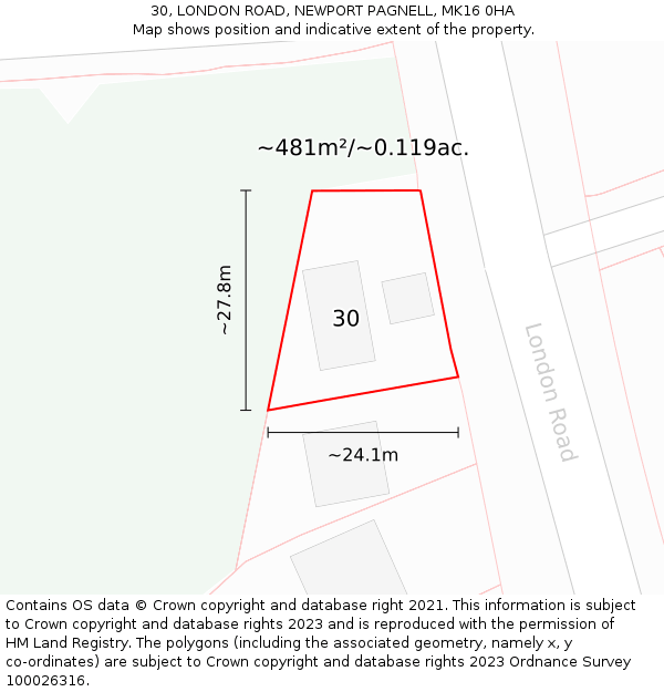 30, LONDON ROAD, NEWPORT PAGNELL, MK16 0HA: Plot and title map