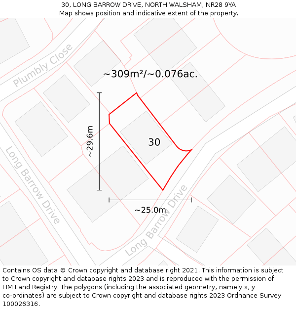 30, LONG BARROW DRIVE, NORTH WALSHAM, NR28 9YA: Plot and title map