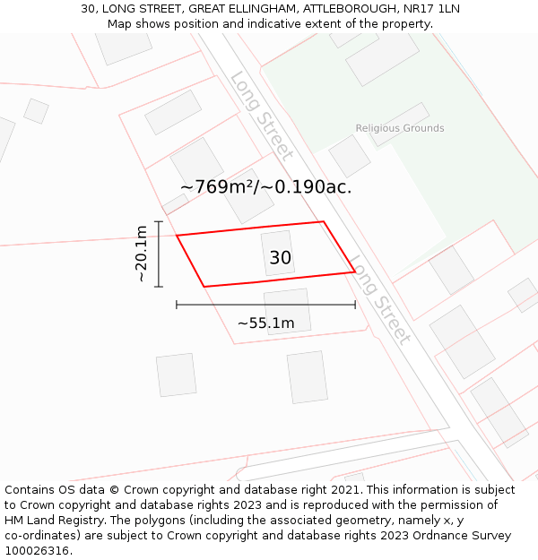 30, LONG STREET, GREAT ELLINGHAM, ATTLEBOROUGH, NR17 1LN: Plot and title map