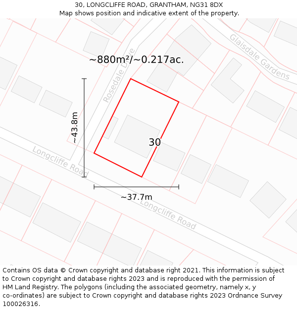 30, LONGCLIFFE ROAD, GRANTHAM, NG31 8DX: Plot and title map