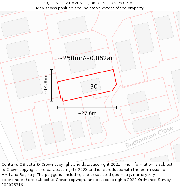 30, LONGLEAT AVENUE, BRIDLINGTON, YO16 6GE: Plot and title map