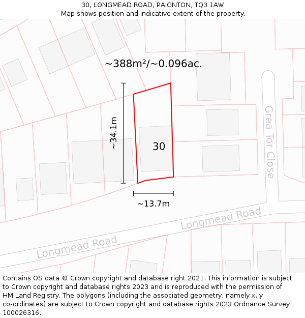 30, LONGMEAD ROAD, PAIGNTON, TQ3 1AW: Plot and title map