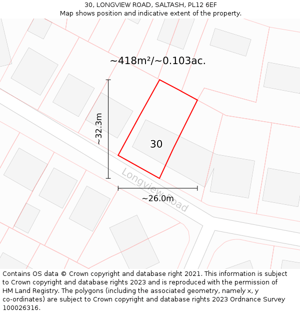 30, LONGVIEW ROAD, SALTASH, PL12 6EF: Plot and title map