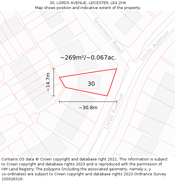 30, LORDS AVENUE, LEICESTER, LE4 2HX: Plot and title map