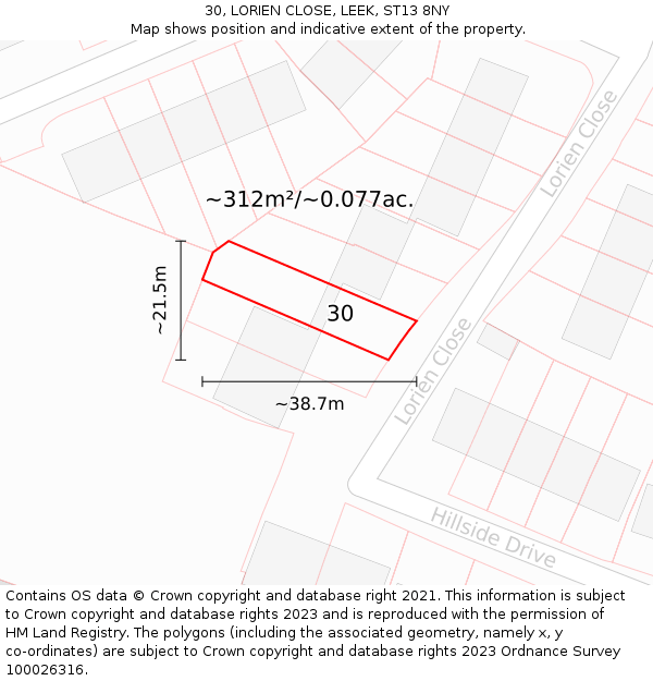 30, LORIEN CLOSE, LEEK, ST13 8NY: Plot and title map