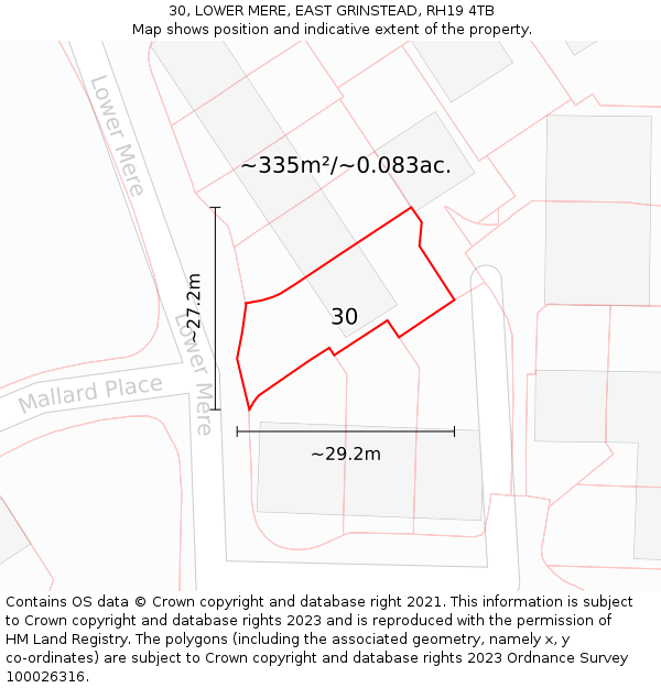 30, LOWER MERE, EAST GRINSTEAD, RH19 4TB: Plot and title map