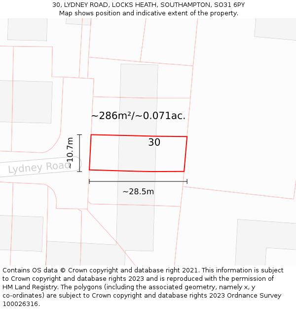 30, LYDNEY ROAD, LOCKS HEATH, SOUTHAMPTON, SO31 6PY: Plot and title map