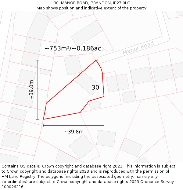 30, MANOR ROAD, BRANDON, IP27 0LG: Plot and title map