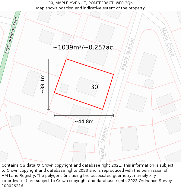 30, MAPLE AVENUE, PONTEFRACT, WF8 3QN: Plot and title map