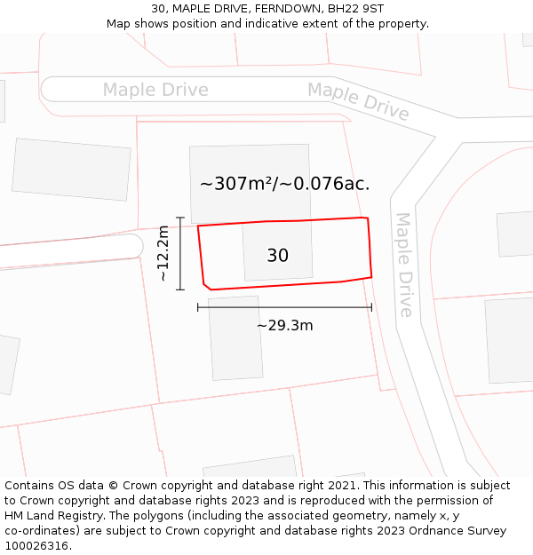 30, MAPLE DRIVE, FERNDOWN, BH22 9ST: Plot and title map