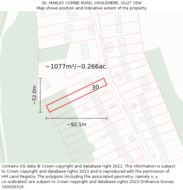 30, MARLEY COMBE ROAD, HASLEMERE, GU27 3SW: Plot and title map