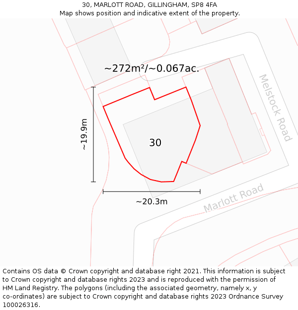 30, MARLOTT ROAD, GILLINGHAM, SP8 4FA: Plot and title map