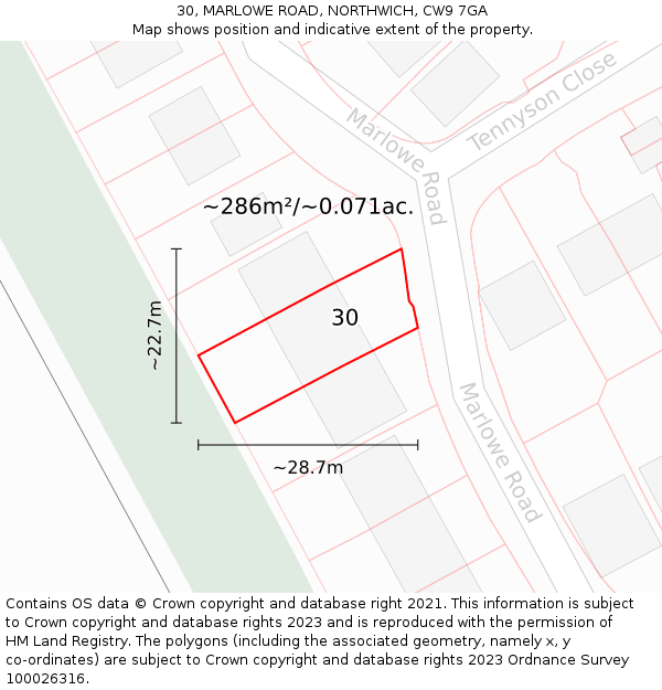 30, MARLOWE ROAD, NORTHWICH, CW9 7GA: Plot and title map