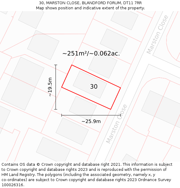 30, MARSTON CLOSE, BLANDFORD FORUM, DT11 7RR: Plot and title map