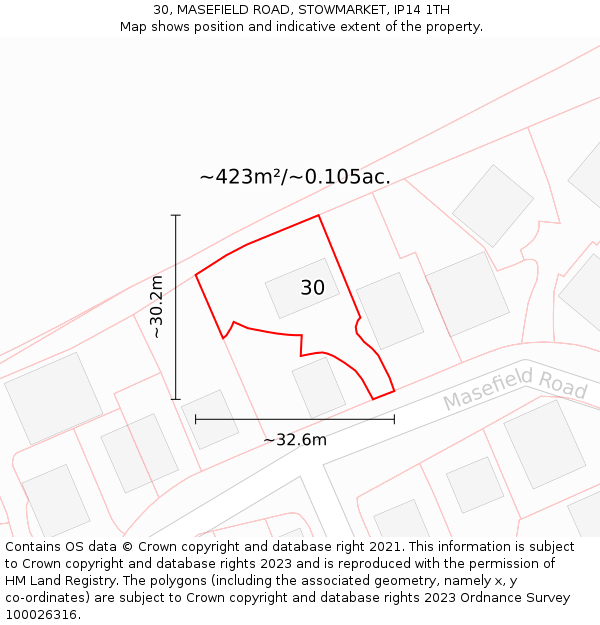 30, MASEFIELD ROAD, STOWMARKET, IP14 1TH: Plot and title map