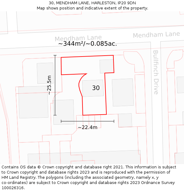 30, MENDHAM LANE, HARLESTON, IP20 9DN: Plot and title map