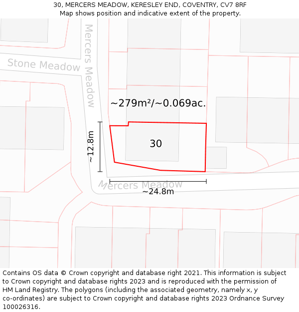 30, MERCERS MEADOW, KERESLEY END, COVENTRY, CV7 8RF: Plot and title map