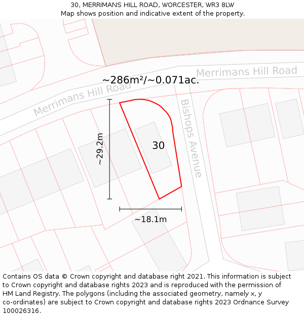 30, MERRIMANS HILL ROAD, WORCESTER, WR3 8LW: Plot and title map