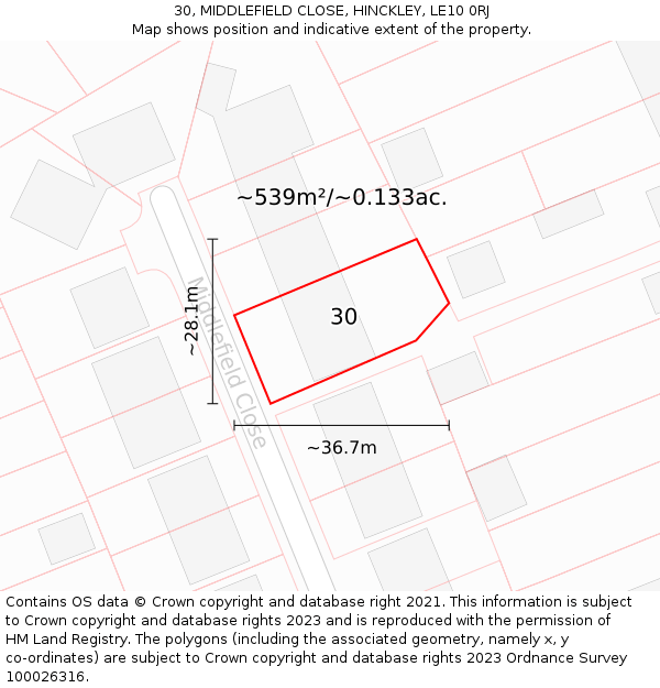 30, MIDDLEFIELD CLOSE, HINCKLEY, LE10 0RJ: Plot and title map