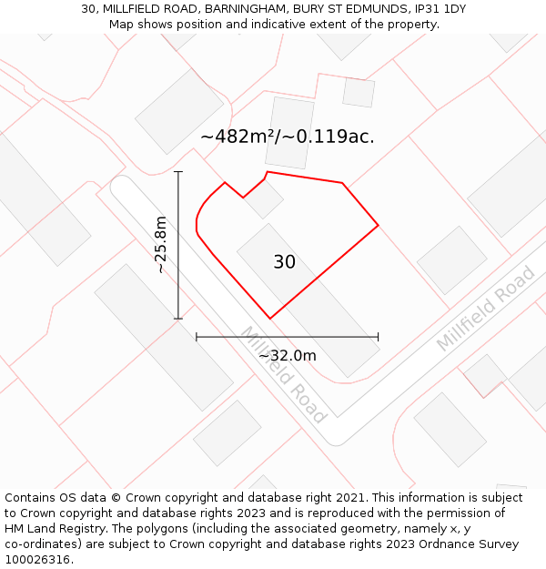 30, MILLFIELD ROAD, BARNINGHAM, BURY ST EDMUNDS, IP31 1DY: Plot and title map