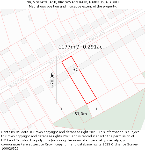 30, MOFFATS LANE, BROOKMANS PARK, HATFIELD, AL9 7RU: Plot and title map