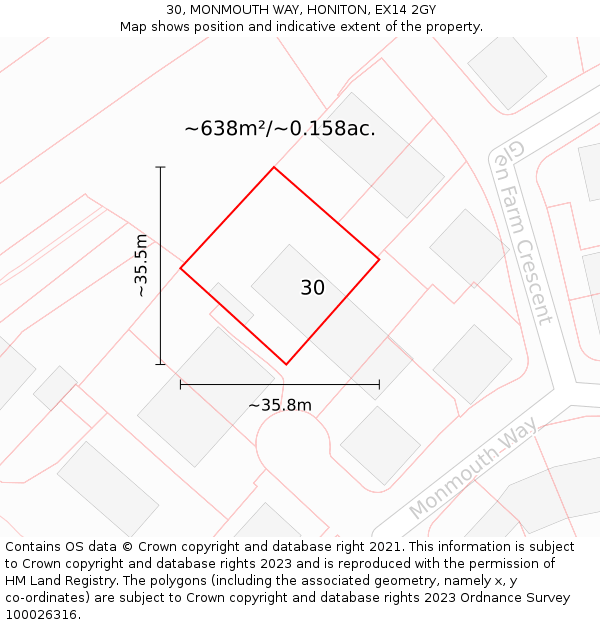 30, MONMOUTH WAY, HONITON, EX14 2GY: Plot and title map