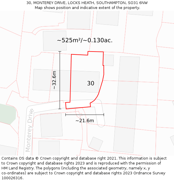 30, MONTEREY DRIVE, LOCKS HEATH, SOUTHAMPTON, SO31 6NW: Plot and title map