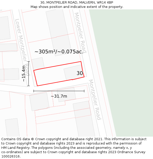30, MONTPELIER ROAD, MALVERN, WR14 4BP: Plot and title map