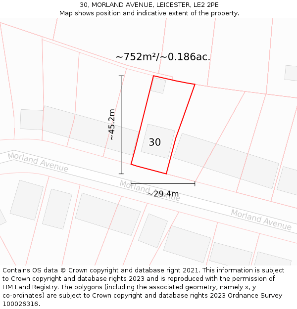 30, MORLAND AVENUE, LEICESTER, LE2 2PE: Plot and title map