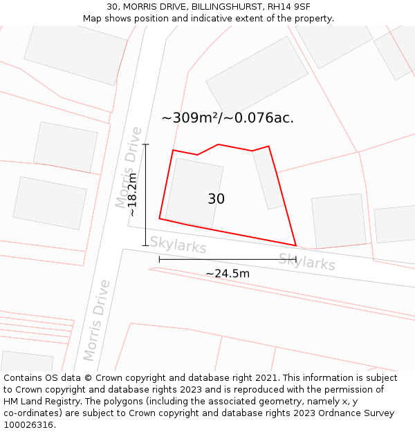 30, MORRIS DRIVE, BILLINGSHURST, RH14 9SF: Plot and title map