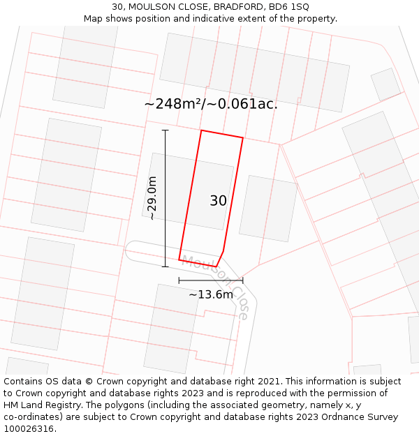 30, MOULSON CLOSE, BRADFORD, BD6 1SQ: Plot and title map