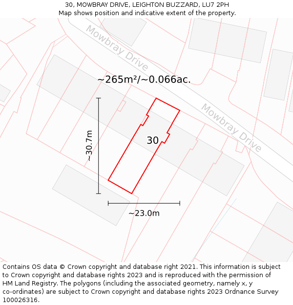 30, MOWBRAY DRIVE, LEIGHTON BUZZARD, LU7 2PH: Plot and title map