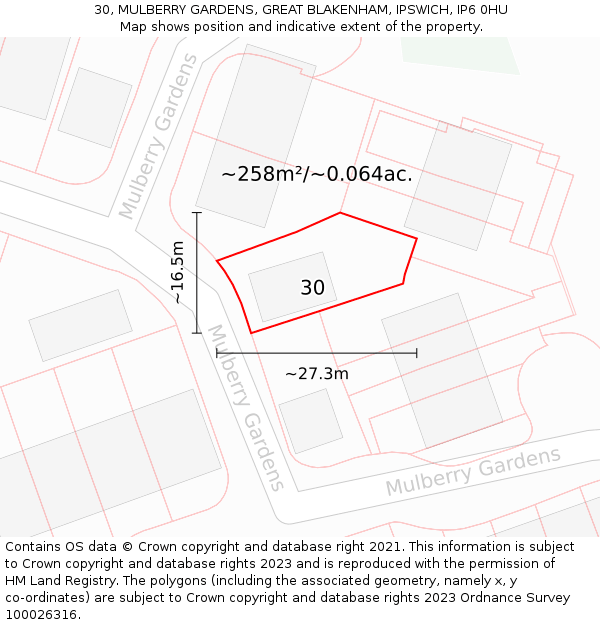 30, MULBERRY GARDENS, GREAT BLAKENHAM, IPSWICH, IP6 0HU: Plot and title map