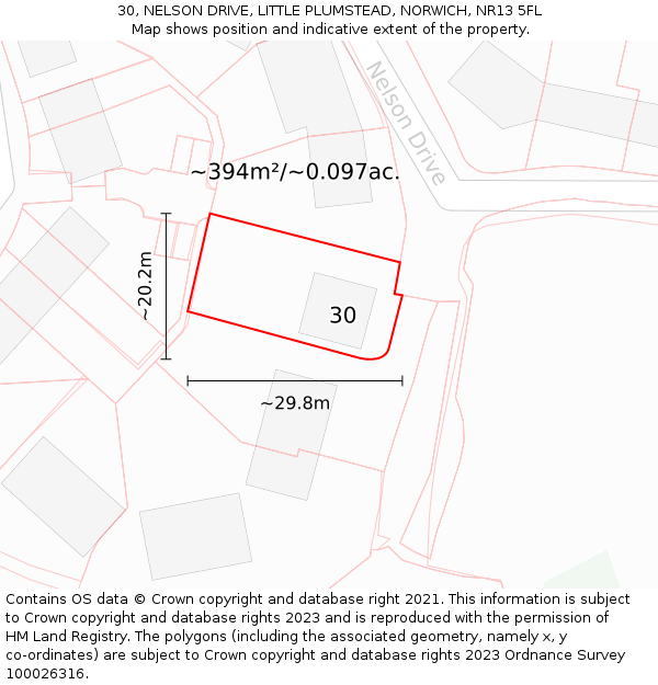 30, NELSON DRIVE, LITTLE PLUMSTEAD, NORWICH, NR13 5FL: Plot and title map