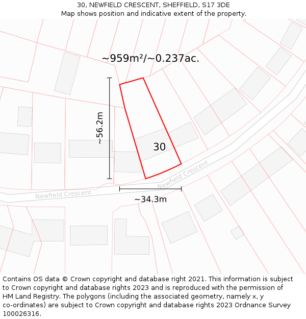 30, NEWFIELD CRESCENT, SHEFFIELD, S17 3DE: Plot and title map