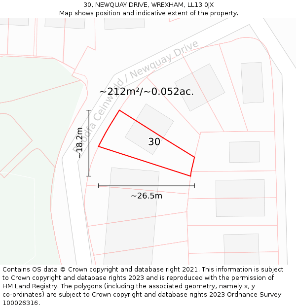 30, NEWQUAY DRIVE, WREXHAM, LL13 0JX: Plot and title map