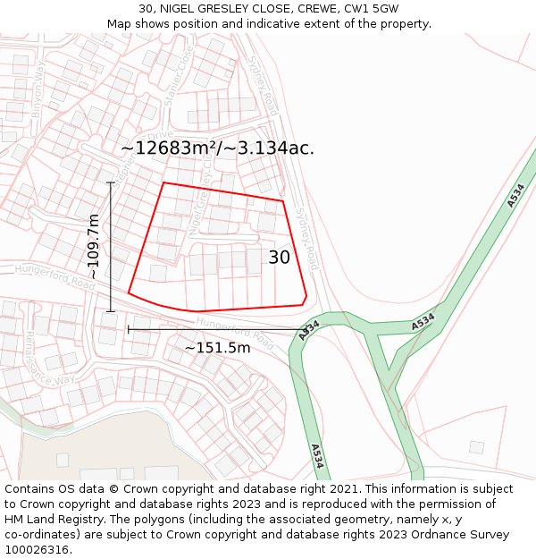 30, NIGEL GRESLEY CLOSE, CREWE, CW1 5GW: Plot and title map