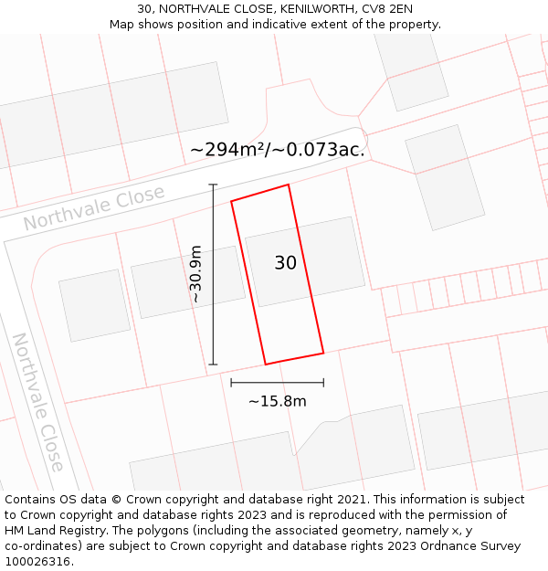 30, NORTHVALE CLOSE, KENILWORTH, CV8 2EN: Plot and title map